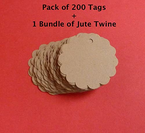 Scalloped Shaped Kraft Plain Paper Tags, Handmade Gift Tags 3” Round Labels with Jute Twine, Perfect for Arts and Crafts, DIY, Wedding Party Favor - (Pack of 200)
