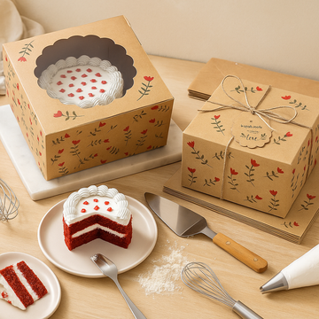 Red Print Cake Box with Window for 1 kg and half kg cakes, donuts, cookies, size - 8x8x5 inches