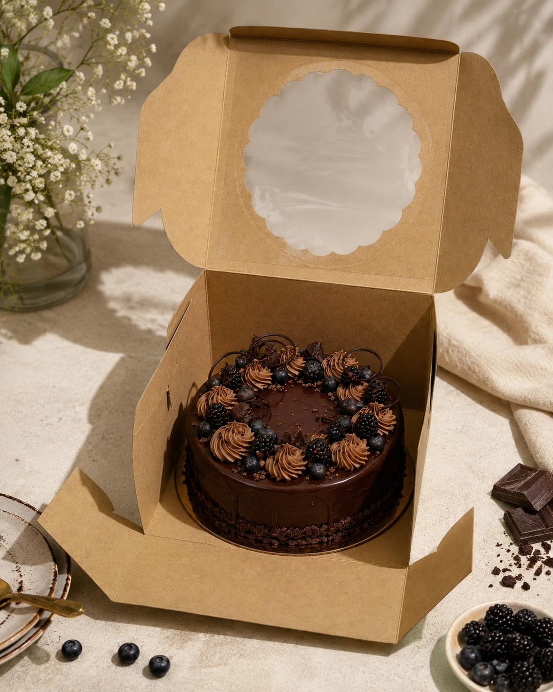 Black Print Cake Box with Window for 1 kg and half kg cakes, donuts, cookies, size - 8x8x5 inches,