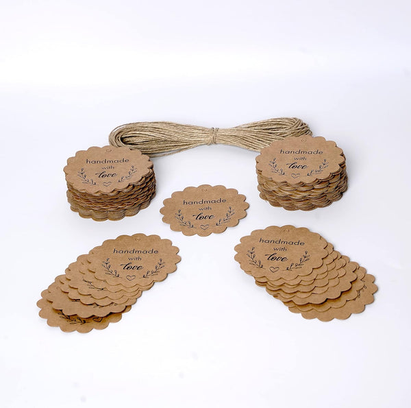 Scalloped Shaped Kraft Paper Tags, Handmade Gift Tags 3” Round Labels with Jute Twine, Perfect for Arts and Crafts, DIY, Wedding Party Favor - (Pack of 200)