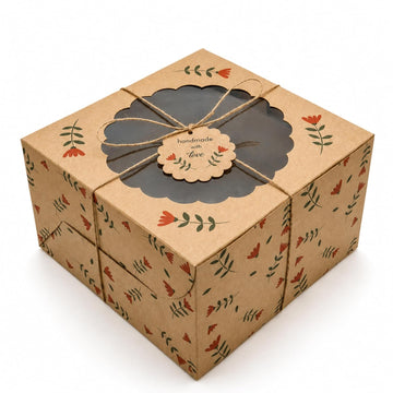 Red Print Cake Box with Window for 1 kg and half kg cakes, donuts, cookies, size - 8x8x5 inches