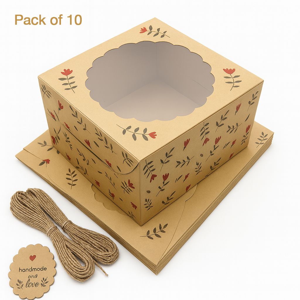 Black Print Cake Box with Window for 1 kg and half kg cakes, donuts, cookies, size - 8x8x5 inches,