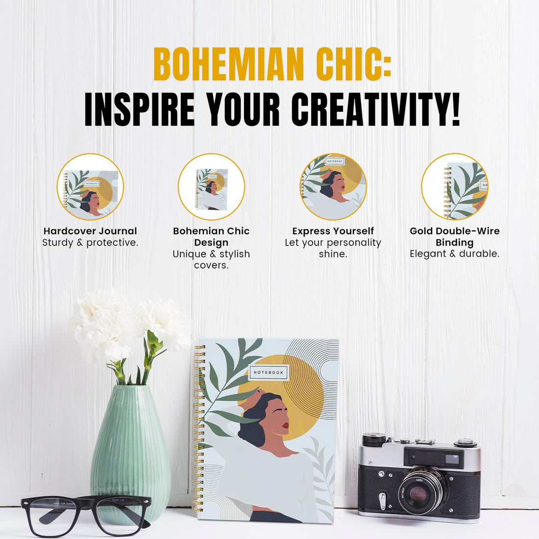 Bohemian Chic Design Lined Spiral Notebook, Pack of 2