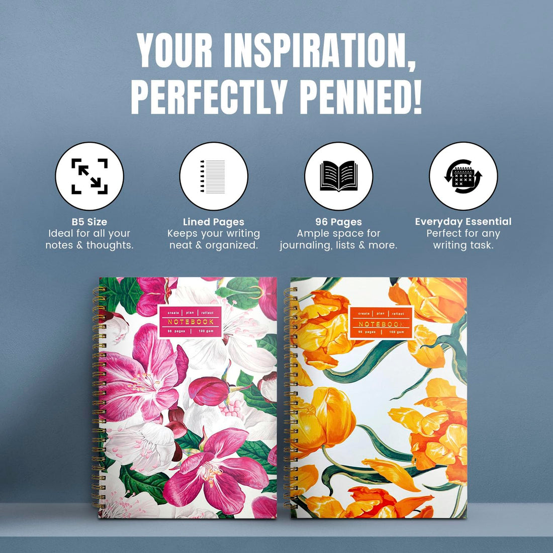 Floral Design Lined Spiral Notebook, Pack of 2